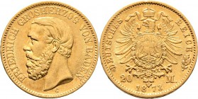 Deutsche Münzen und Medaillen ab 1871
Reichsgoldmünzen. BADEN. Friedrich I. 1852-1907. 
20 Mark 1873 G. J. 184.
minimale Kratzer und Randfehler, gu...