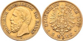 Deutsche Münzen und Medaillen ab 1871
Reichsgoldmünzen. BADEN. Friedrich I. 1852-1907. 
5 Mark 1877 G. J. 185.
gutes sehr schön