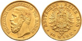 Deutsche Münzen und Medaillen ab 1871
Reichsgoldmünzen. BADEN. Friedrich I. 1852-1907. 
10 Mark 1878 G. J. 186.
vorzüglich