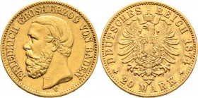Deutsche Münzen und Medaillen ab 1871
Reichsgoldmünzen. BADEN. Friedrich I. 1852-1907. 
20 Mark 1874 G. J. 187.
kleine Kratzer, sehr schön