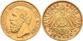 Deutsche Münzen und Medaillen ab 1871
Reichsgoldmünzen. BADEN. Friedrich I. 1852-1907. 
10 Mark 1898 G. J. 188.
sehr schön-vorzüglich