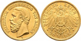 Deutsche Münzen und Medaillen ab 1871
Reichsgoldmünzen. BADEN. Friedrich I. 1852-1907. 
20 Mark 1894 G. J. 189.
minimale Randfehler, vorzüglich