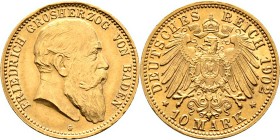 Deutsche Münzen und Medaillen ab 1871
Reichsgoldmünzen. BADEN. Friedrich I. 1852-1907. 
10 Mark 1902 G. J. 190.
besserer Jahrgang, minimale Randfeh...