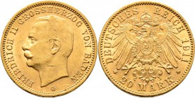 Deutsche Münzen und Medaillen ab 1871
Reichsgoldmünzen. BADEN. Friedrich II. 1907-1918. 
20 Mark 1911 G. J. 192.
leichte Kratzer auf dem Avers, seh...
