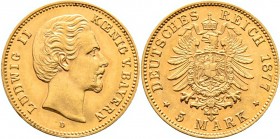 Deutsche Münzen und Medaillen ab 1871
Reichsgoldmünzen. BAYERN. Ludwig II. 1864-1886. 
5 Mark 1877 D. J. 195.
vorzüglich/vorzüglich-prägefrisch...