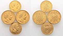 Deutsche Münzen und Medaillen ab 1871
Reichsgoldmünzen. BAYERN. Ludwig II. 1864-1886. 
Lot (4 Stücke): 10 Mark 1872 und 1875 sowie 20 Mark 1873 und ...