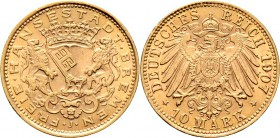 Deutsche Münzen und Medaillen ab 1871
Reichsgoldmünzen. BREMEN. . 
10 Mark 1907 J. J. 204.
Prachtexemplar, fast Stempelglanz