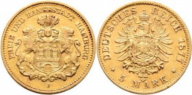 Deutsche Münzen und Medaillen ab 1871
Reichsgoldmünzen. HAMBURG. . 
5 Mark 1877 J. J. 208.
kleine Kratzer, sehr schön-vorzüglich