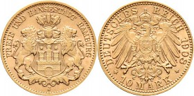 Deutsche Münzen und Medaillen ab 1871
Reichsgoldmünzen. HAMBURG. . 
10 Mark 1908 J. J. 211.
der seltenste Jahrgang, vorzüglich-prägefrisch