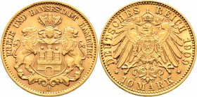 Deutsche Münzen und Medaillen ab 1871
Reichsgoldmünzen. HAMBURG. . 
10 Mark 1909 J. J. 211.
sehr schön-vorzüglich
