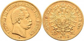 Deutsche Münzen und Medaillen ab 1871
Reichsgoldmünzen. HESSEN. Ludwig III. 1848-1877. 
10 Mark 1872 H. J. 213.
sehr schön