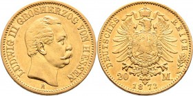 Deutsche Münzen und Medaillen ab 1871
Reichsgoldmünzen. HESSEN. Ludwig III. 1848-1877. 
20 Mark 1873 H. J. 214.
kleine Kratzer, sehr schön-vorzügli...