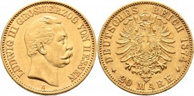 Deutsche Münzen und Medaillen ab 1871
Reichsgoldmünzen. HESSEN. Ludwig III. 1848-1877. 
20 Mark 1874 H. J. 217.
seltener Einzeltyp, kleine Kratzer ...