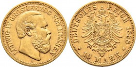 Deutsche Münzen und Medaillen ab 1871
Reichsgoldmünzen. HESSEN. Ludwig IV. 1877-1892. 
10 Mark 1888 A. J. 219.
besserer Jahrgang, minimale Kratzer,...