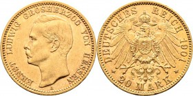 Deutsche Münzen und Medaillen ab 1871
Reichsgoldmünzen. HESSEN. Ernst Ludwig 1892-1918. 
20 Mark 1901 A. J. 225.
sehr schön-vorzüglich