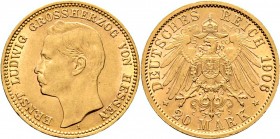 Deutsche Münzen und Medaillen ab 1871
Reichsgoldmünzen. HESSEN. Ernst Ludwig 1892-1918. 
20 Mark 1906 A. J. 226.
minimale Kratzer, vorzüglich/präge...