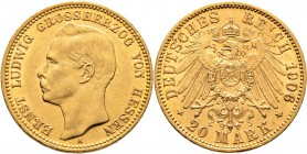 Deutsche Münzen und Medaillen ab 1871
Reichsgoldmünzen. HESSEN. Ernst Ludwig 1892-1918. 
20 Mark 1906 A. J. 226.
minimale Kratzer und Randfehler, s...