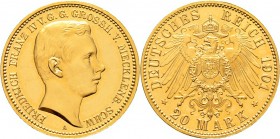Deutsche Münzen und Medaillen ab 1871
Reichsgoldmünzen. MECKLENBURG-SCHWERIN. Friedrich Franz IV. 1897-1918. 
20 Mark 1901 A. Regierungsantritt. J. ...