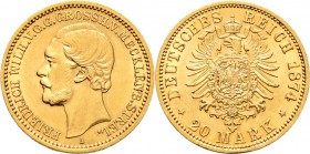 Deutsche Münzen und Medaillen ab 1871
Reichsgoldmünzen. MECKLENBURG-STRELITZ. Friedrich Wilhelm 1860-1904. 
20 Mark 1874 A. J. 238.
sehr selten-bes...