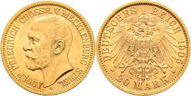 Deutsche Münzen und Medaillen ab 1871
Reichsgoldmünzen. MECKLENBURG-STRELITZ. Adolf Friedrich V. 1904-1914. 
20 Mark 1905 A. J. 240.
sehr selten-be...