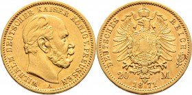 Deutsche Münzen und Medaillen ab 1871
Reichsgoldmünzen. PREUSSEN. Wilhelm I. 1861-1888. 
20 Mark 1871 A. J. 243.
minimale Kratzer und Randfehler, g...