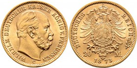 Deutsche Münzen und Medaillen ab 1871
Reichsgoldmünzen. PREUSSEN. Wilhelm I. 1861-1888. 
20 Mark 1873 C. J. 243.
winzige Randfehler, fast Stempelgl...