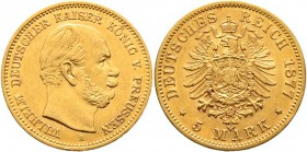 Deutsche Münzen und Medaillen ab 1871
Reichsgoldmünzen. PREUSSEN. Wilhelm I. 1861-1888. 
5 Mark 1877 A. J. 244.
kleine Randfehler, sehr schön-vorzü...