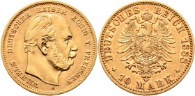 Deutsche Münzen und Medaillen ab 1871
Reichsgoldmünzen. PREUSSEN. Wilhelm I. 1861-1888. 
10 Mark 1888 A. J. 245.
sehr schön-vorzüglich