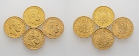 Deutsche Münzen und Medaillen ab 1871
Reichsgoldmünzen. PREUSSEN. Wilhelm I. 1861-1888. 
Lot (4 Stücke): 20 Mark 1872 und 1877 B, 1874 C und 1888 A ...