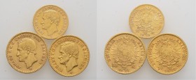 Deutsche Münzen und Medaillen ab 1871
Reichsgoldmünzen. SACHSEN. Johann 1854-1873. 
Lot (3 Stücke): 10 Mark 1872 E sowie 20 Mark 1872 und 1873 E (J....