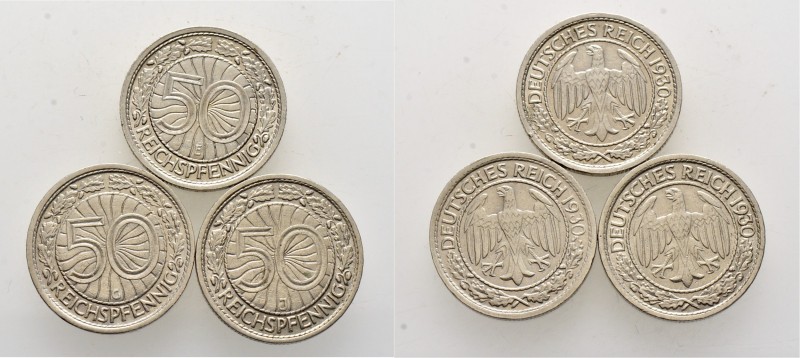 Deutsche Münzen und Medaillen ab 1871
Weimarer Republik. . 
Lot (3 Stücke): 50...