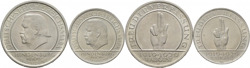 Deutsche Münzen und Medaillen ab 1871
Weimarer Republik. . 
Lot (2 Stücke): 3 ...