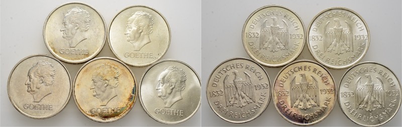 Deutsche Münzen und Medaillen ab 1871
Weimarer Republik. . 
Lot (5 Stücke): 3 ...