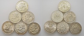 Deutsche Münzen und Medaillen ab 1871
Drittes Reich. . 
Lot (6 Stücke): kompletter Satz der 2 Reichsmark 1933 Luther. A,D,E,F,G,J. J. 352.
sehr sch...