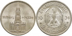 Deutsche Münzen und Medaillen ab 1871
Drittes Reich. . 
2 Reichsmark 1934 D. Garnisonskirche mit Datum. J. 355.
fast Stempelglanz