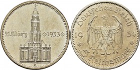 Deutsche Münzen und Medaillen ab 1871
Drittes Reich. . 
5 Reichsmark 1934 G. Garnisonskirche mit Datum. J. 356.
vorzüglich-Stempelglanz
