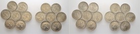 Deutsche Münzen und Medaillen ab 1871
Drittes Reich. . 
Komplette Sammlung (14 Stücke) aller 50 Reichspfennig-Münzen 1938 und 1939 aus Nickel. J. 36...