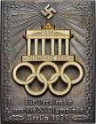 Deutsche Münzen und Medaillen ab 1871
Drittes Reich. . 
Einseitige, teilemaillierte Bronze-versilberte Prämienplakette 1936 unsigniert. Für Verdiens...