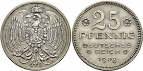 Deutsche Münzen und Medaillen ab 1871
Münzproben des Deutschen Reiches. . 
25 Pfennig 1908 D. Gekrönter Reichsadler / Wertangabe und Jahreszahl. Bro...