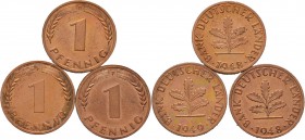 Deutsche Münzen und Medaillen ab 1871
Bank Deutscher Länder. . 
Lot (3 Stücke): 1 Pfennig 1948 D sowie 1948 und 1949 F. J. 376.
feinst zaponiert, P...