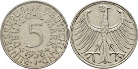 Deutsche Münzen und Medaillen ab 1871
Bundesrepublik Deutschland. . 
5 Deutsche Mark 1958 J. Ein weiteres Exemplar. J. 387.
sehr schön-vorzüglich...