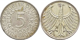 Deutsche Münzen und Medaillen ab 1871
Bundesrepublik Deutschland. . 
5 Deutsche Mark 1958 J. Ein weiteres Exemplar. J. 387.
sehr schön-vorzüglich...