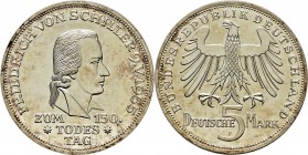 Deutsche Münzen und Medaillen ab 1871
Bundesrepublik Deutschland. . 
5 Deutsche Mark 1955 F. Friedrich von Schiller. J. 389.
Prachtexemplar, Polier...