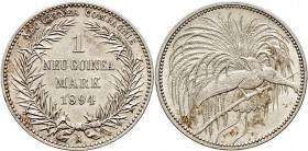 Deutsche Münzen und Medaillen ab 1871
Nebengebiete. Deutsch-Neuguinea. 
1 Neu-Guinea Mark 1894 A. J. 705.
selten in dieser Erhaltung, vorzüglich-St...