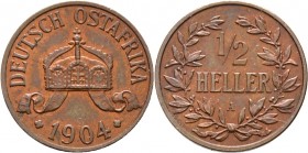 Deutsche Münzen und Medaillen ab 1871
Nebengebiete. Deutsch-Ostafrika. 
Cu-1/2 Heller 1904 A. J. 715.
selten in dieser Erhaltung, fast Stempelglanz...