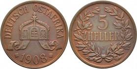 Deutsche Münzen und Medaillen ab 1871
Nebengebiete. Deutsch-Ostafrika. 
Cu-5 Heller 1908 J. J. 717.
sehr schön-vorzüglich