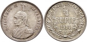 Deutsche Münzen und Medaillen ab 1871
Nebengebiete. Deutsch-Ostafrika. 
1/4 Rupie 1914 J. J. 720.
fast Stempelglanz