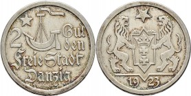 Deutsche Münzen und Medaillen ab 1871
Nebengebiete. Danzig. 
2 Gulden 1923. J. D 8.
sehr schön-vorzüglich