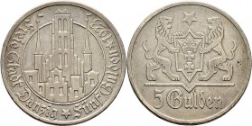 Deutsche Münzen und Medaillen ab 1871
Nebengebiete. Danzig. 
5 Gulden 1923. Marienkirche. J. D 9.
sehr schön-vorzüglich