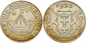 Deutsche Münzen und Medaillen ab 1871
Nebengebiete. Danzig. 
2 Gulden 1932. Kogge. J. D 16.
selten, feine Patina, vorzüglich